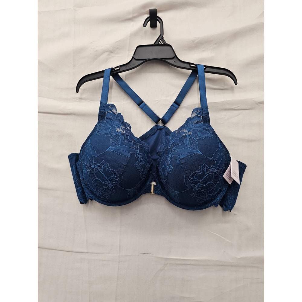 Auden Womens Lace Front Close Push Up Plunge Bra Blue Nylon Blend Size 46C